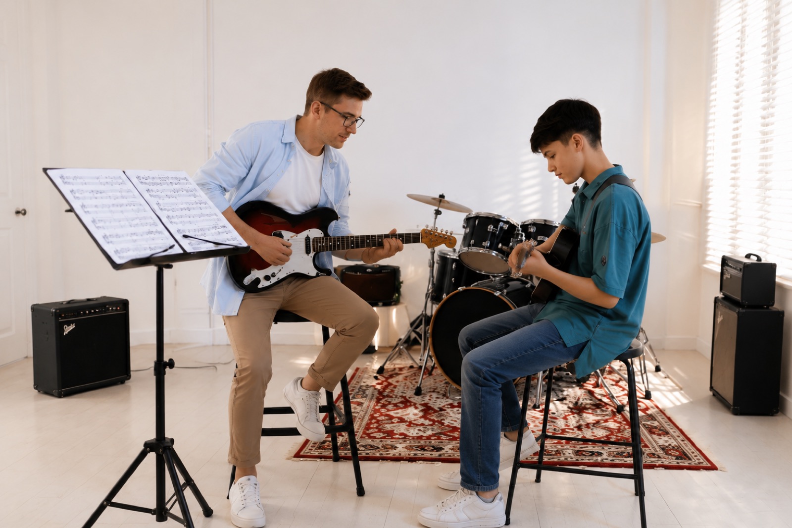 An adult student in a guitar lesson