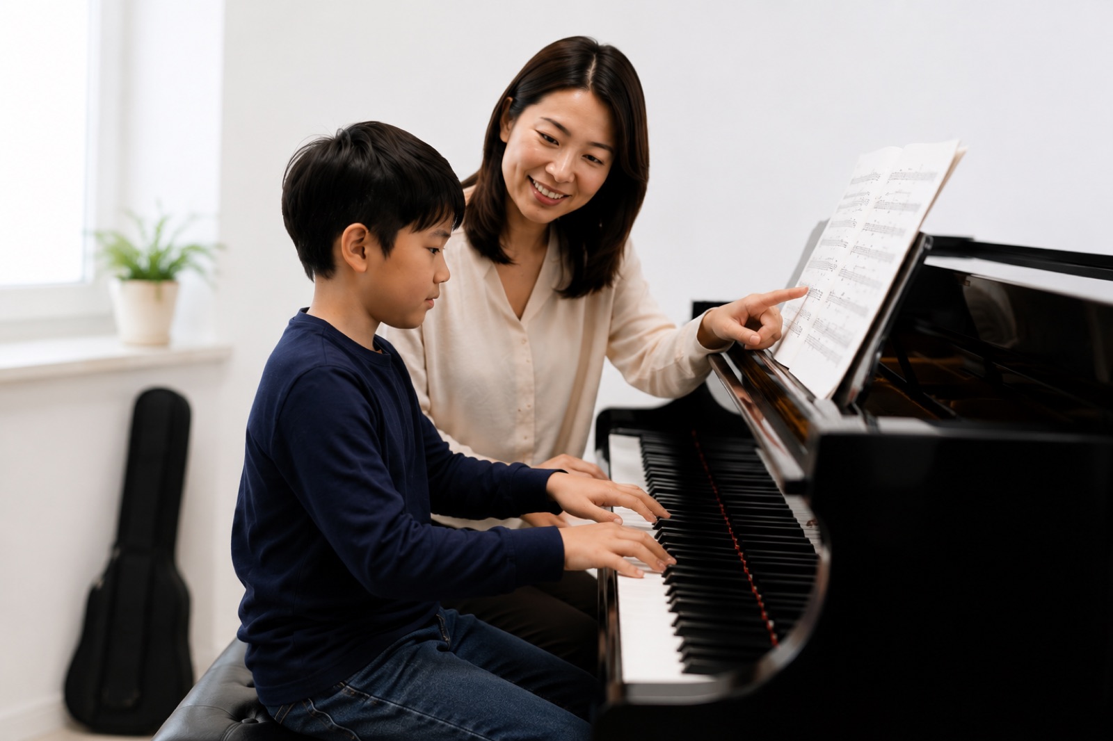 A young student in a piano lesson