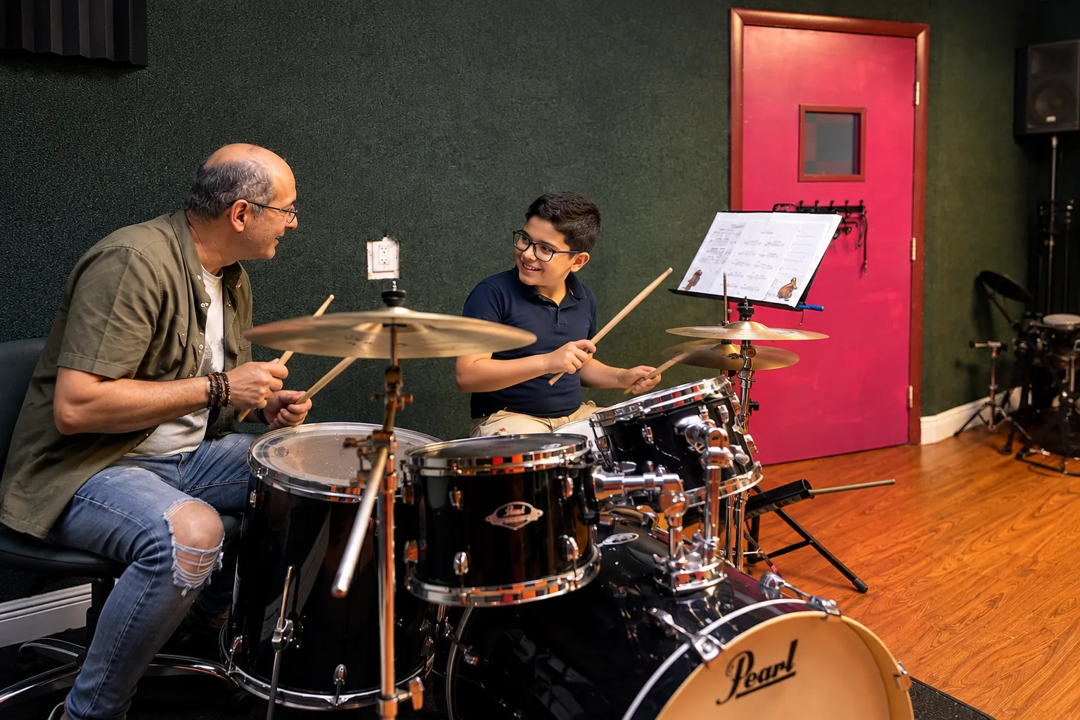 Drum student learning with a teacher